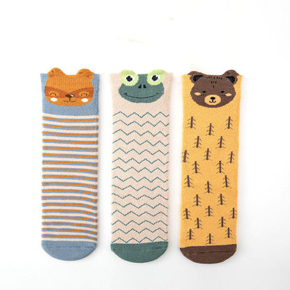 Unisex 3-pair cotton baby socks with fox, frog and bear faces in three playful patterns on Tampa Home & Garden Store