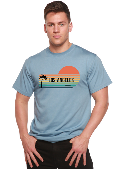 Los Angeles graphic T-shirt in light blue with sunset stripes and palm tree, by Spun Bamboo on Tampa Home & Garden Store