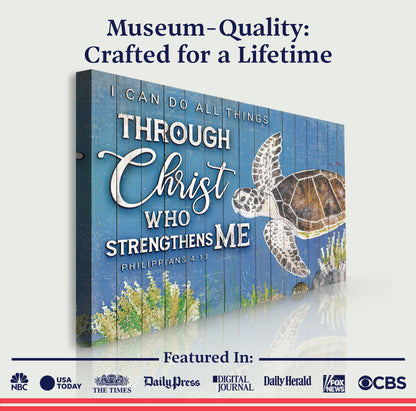 Canvas sign I Can Do All Things Through Christ Who Strengthens Me on blue wood Tailored Canvases on Tampa Home & Garden Store