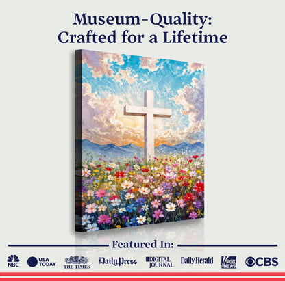 Cross Floral Field Faith Wall Art canvas by Tailored Canvases with a cross and blooms on Tampa Home & Garden Store