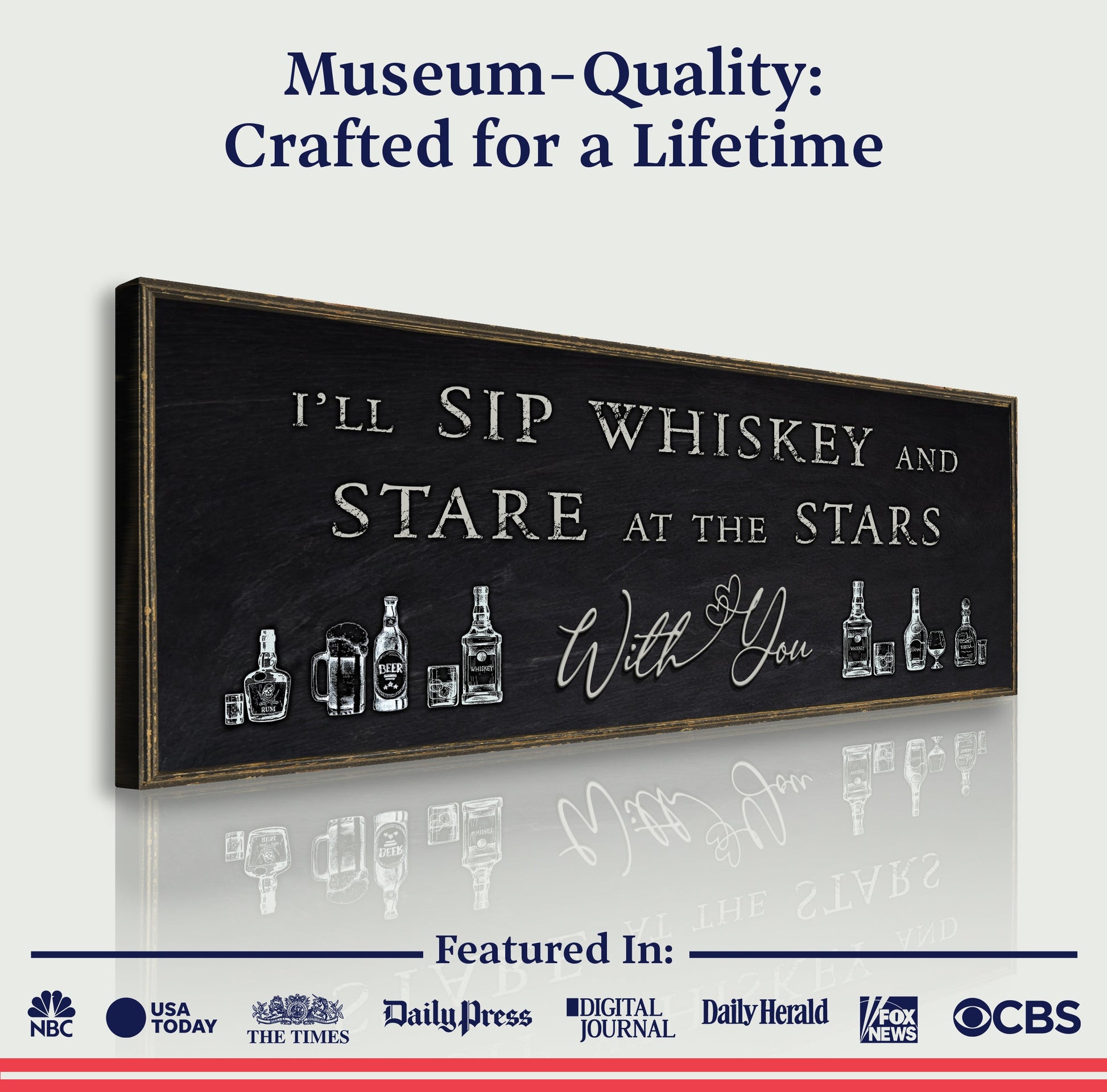 Sip Whiskey Bar Sign II canvas with whiskey bottles and distressed black board on Tampa Home & Garden Store