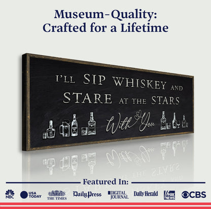 Sip Whiskey Bar Sign II canvas with whiskey bottles and distressed black board on Tampa Home & Garden Store