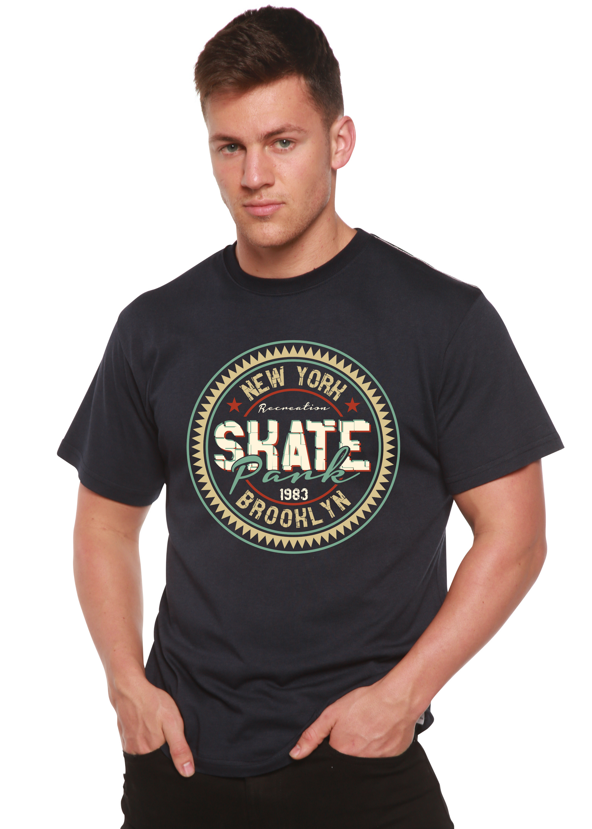 Men's navy Spun Bamboo graphic T-shirt with circular vintage print New York Skate Park on Tampa Home & Garden Store