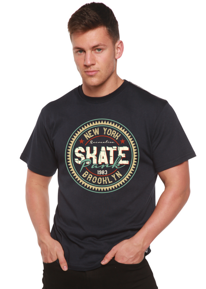 Men's navy Spun Bamboo graphic T-shirt with circular vintage print New York Skate Park on Tampa Home & Garden Store