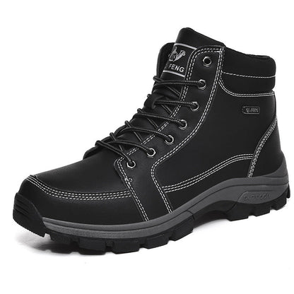 Stevvex men's black leather winter boots with contrast stitching and rugged lug outsole on Tampa Home & Garden Store