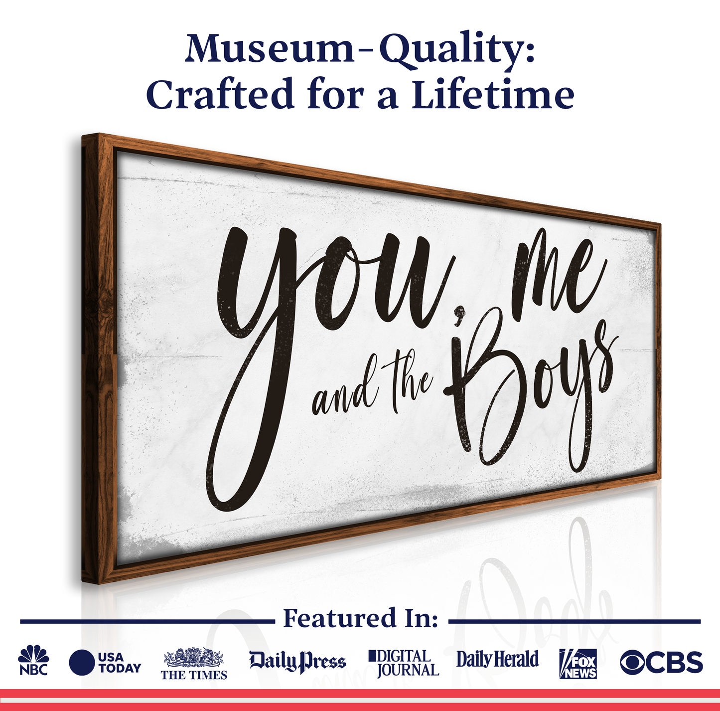 You Me and the Boys Farmhouse Bedroom Sign canvas by Tailored Canvases wood frame and black script on Tampa Home & Garden Store