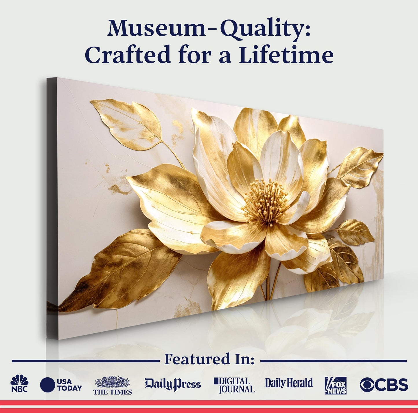 Golden Dandelion canvas by Tailored Canvases; metallic gold flower on pale backdrop on Tampa Home & Garden Store