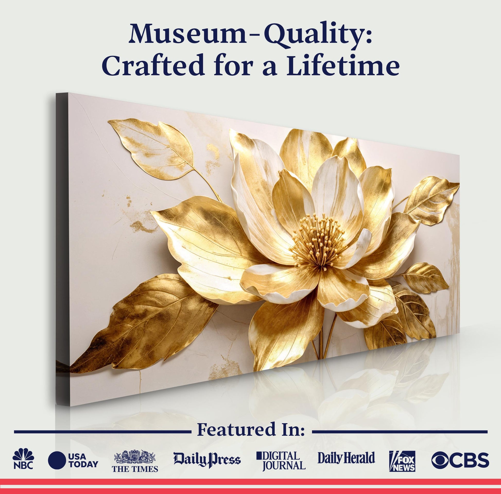 Golden Dandelion canvas by Tailored Canvases; metallic gold flower on pale backdrop on Tampa Home & Garden Store