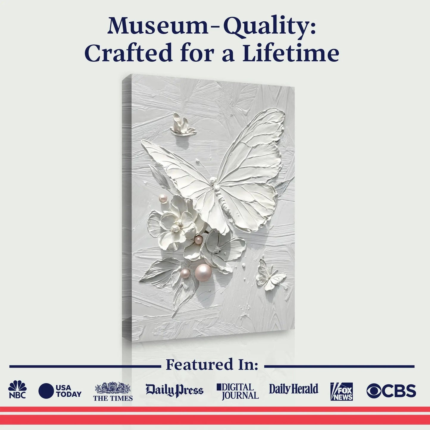 White butterfly wall art canvas with textured white relief and floral accents by Tailored Canvases on Tampa Home & Garden Store