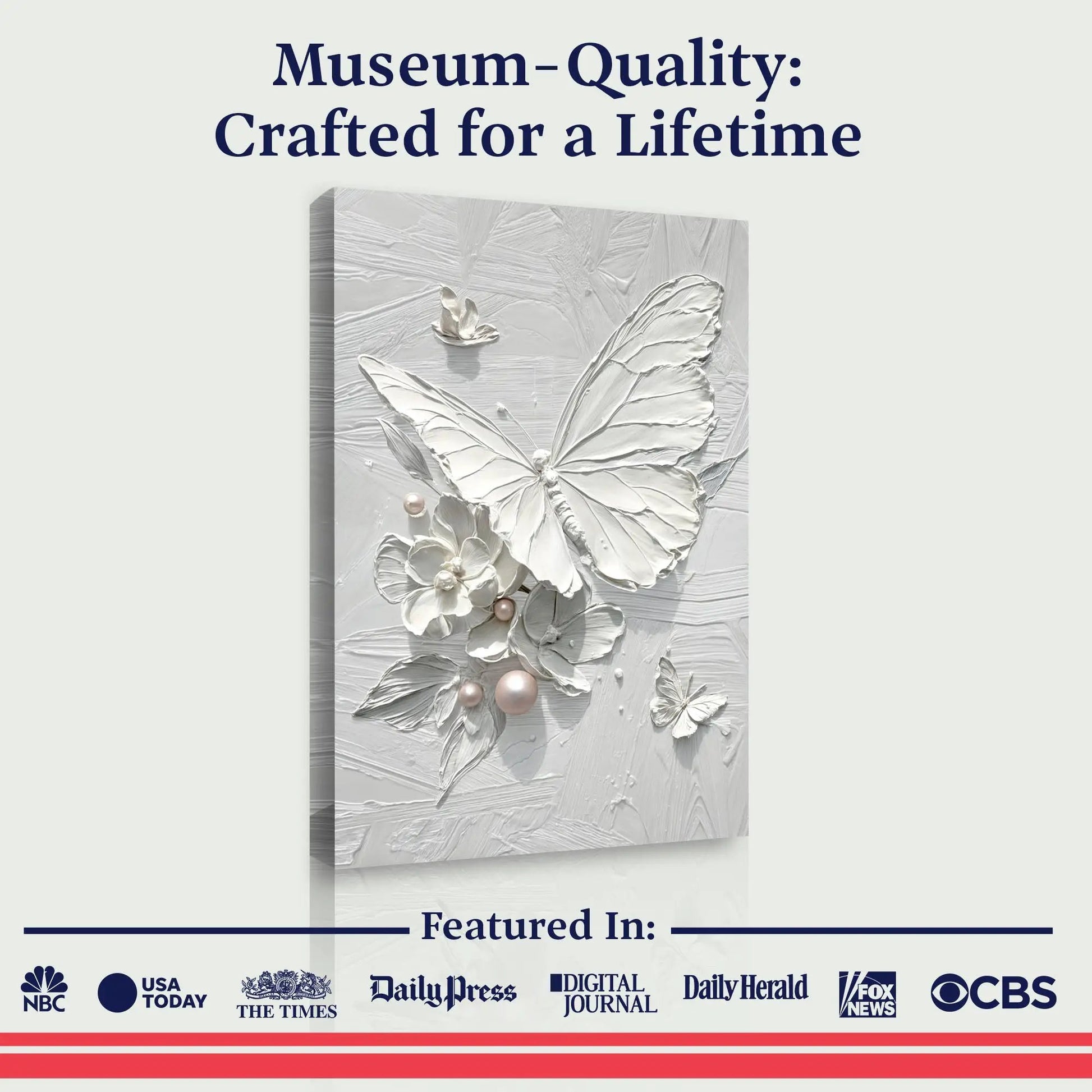 White butterfly wall art canvas with textured white relief and floral accents by Tailored Canvases on Tampa Home & Garden Store
