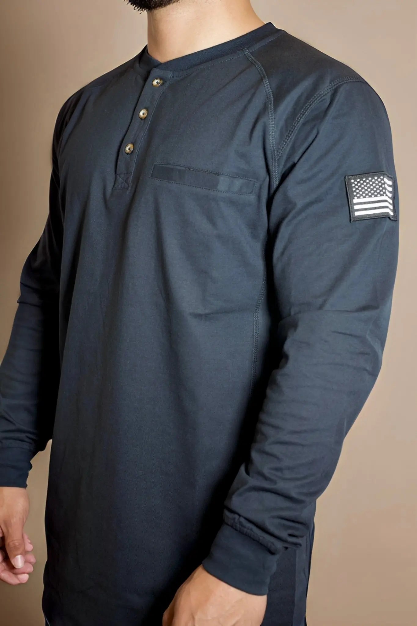 FR 3-Button Henley Shirt in black by Static FR with chest pocket and US flag patch on sleeve on Tampa Home & Garden Store