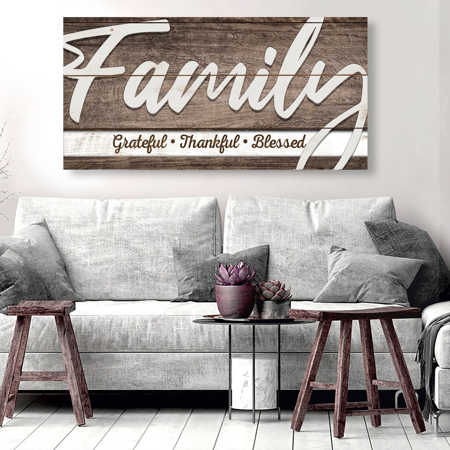 Grateful Thankful Blessed Family Sign III canvas Tailored Canvases rustic wood sign on Tampa Home & Garden Store
