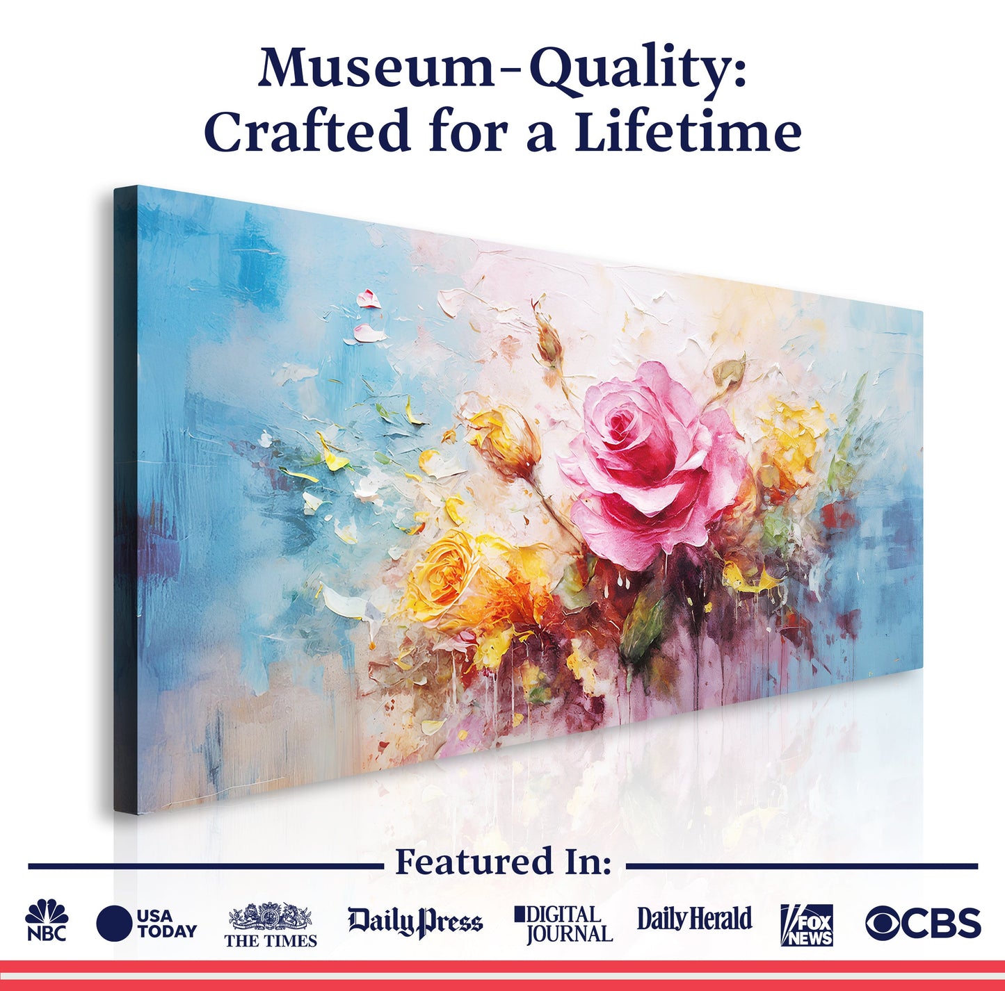 Rose Flower Wall Art canvas by Tailored Canvases, vibrant pink roses on blue background on Tampa Home & Garden Store