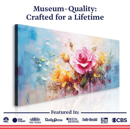 Rose Flower Wall Art canvas by Tailored Canvases, vibrant pink roses on blue background on Tampa Home & Garden Store