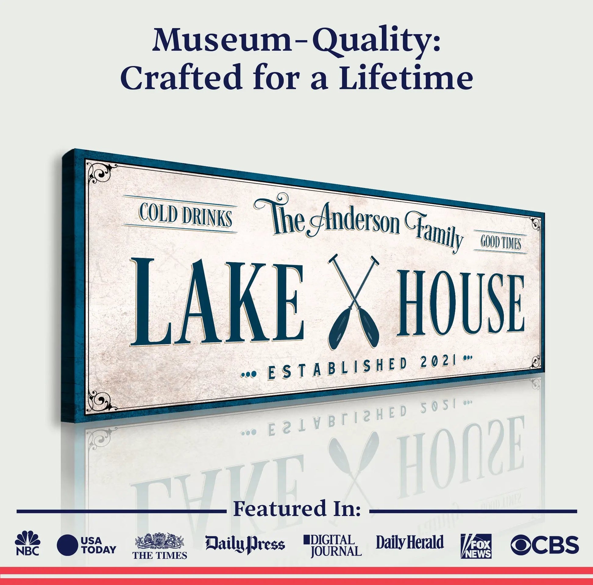 Canvas sign Personalized Lake House Sign IV by Tailored Canvases with blue frame LAKE HOUSE on Tampa Home & Garden Store