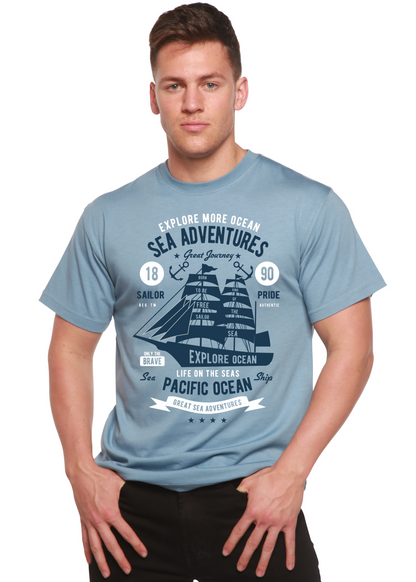 Sea Adventures Spun Bamboo men's short sleeve graphic T-shirt in light blue with ship design on Tampa Home & Garden Store