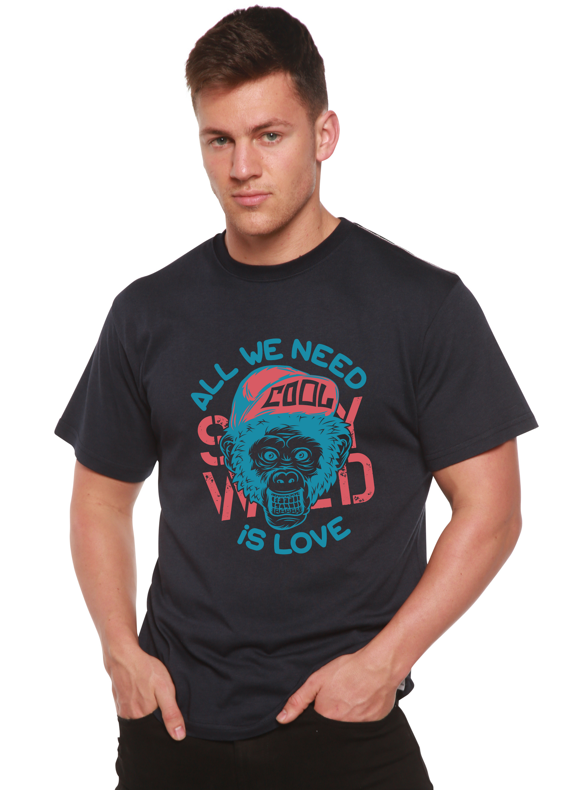 Mens navy graphic T-shirt with teal monkey face and coral text All We Need is Love on Tampa Home & Garden Store