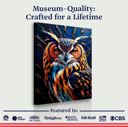 Abstract Owl Wall Art canvas close-up of an orange-eyed owl with blue and orange feathers on Tampa Home & Garden Store