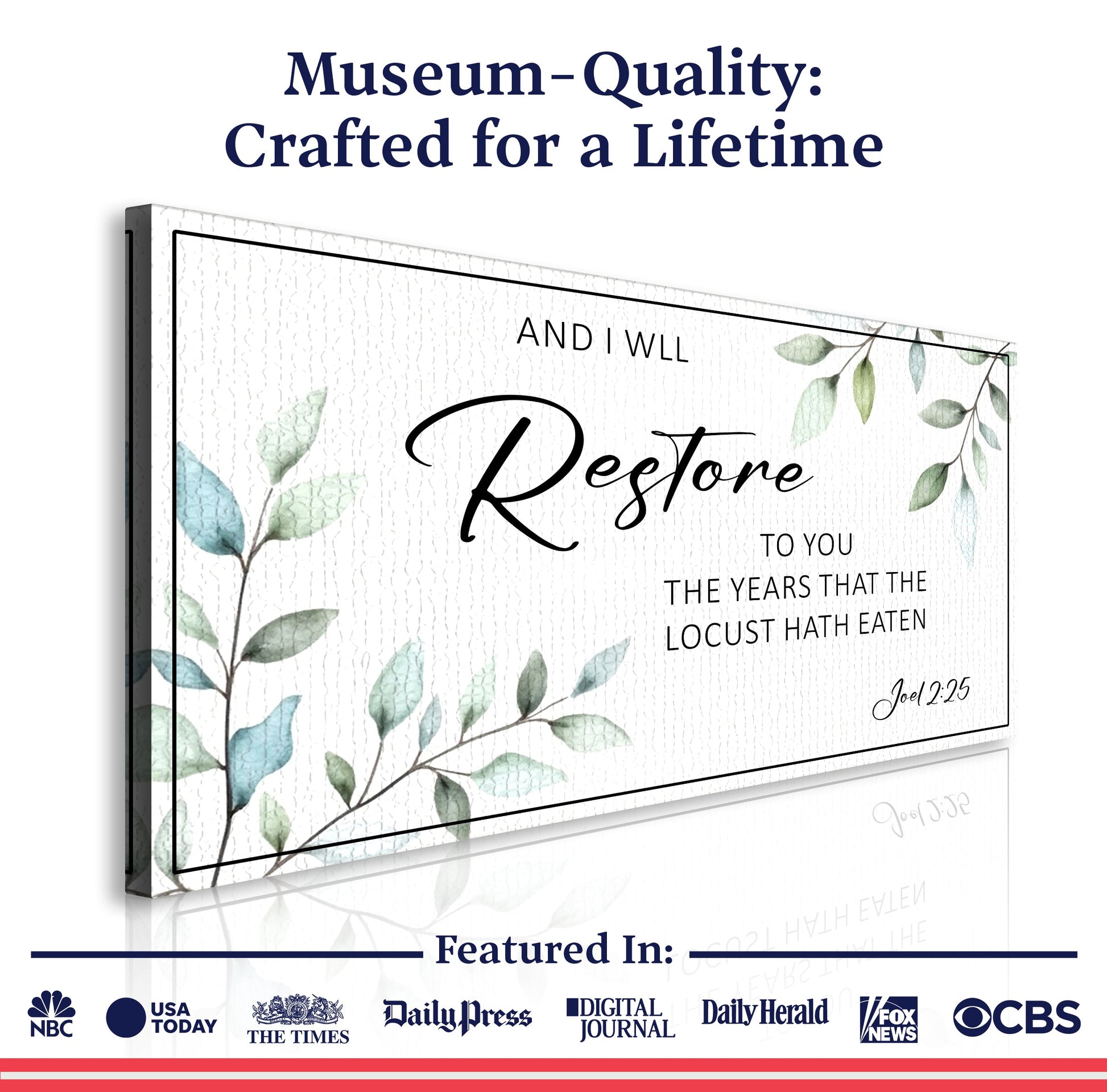 Canvas Tailored Canvases: And I Will Restore To You Joel 2:25 Faith Sign with leafy border on Tampa Home & Garden Store