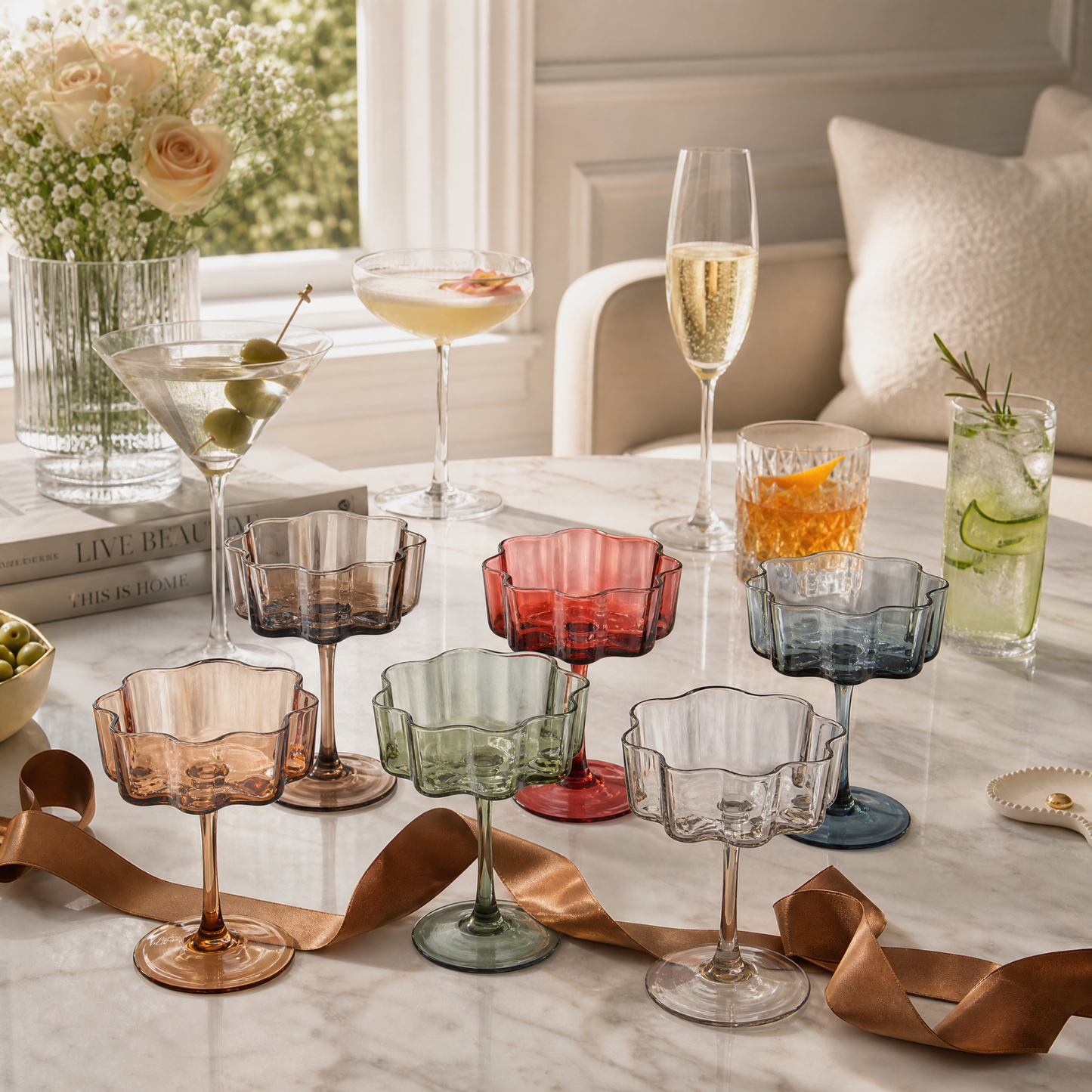 Elegant Muted Flower Coupe Glasses Set of 6