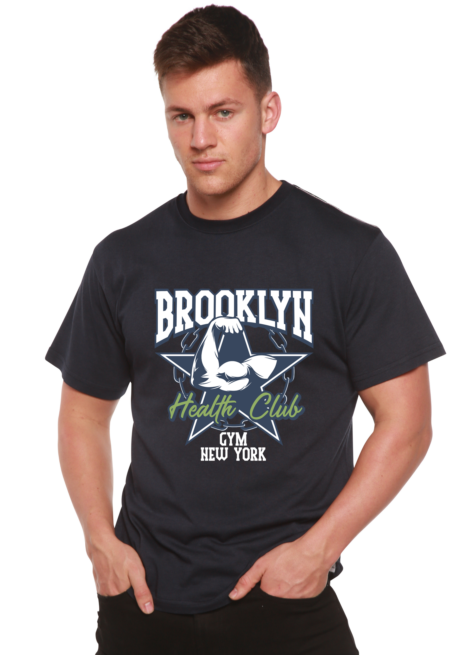 Brooklyn Health Club men's bamboo viscose/organic cotton graphic tee navy with logo on Tampa Home & Garden Store