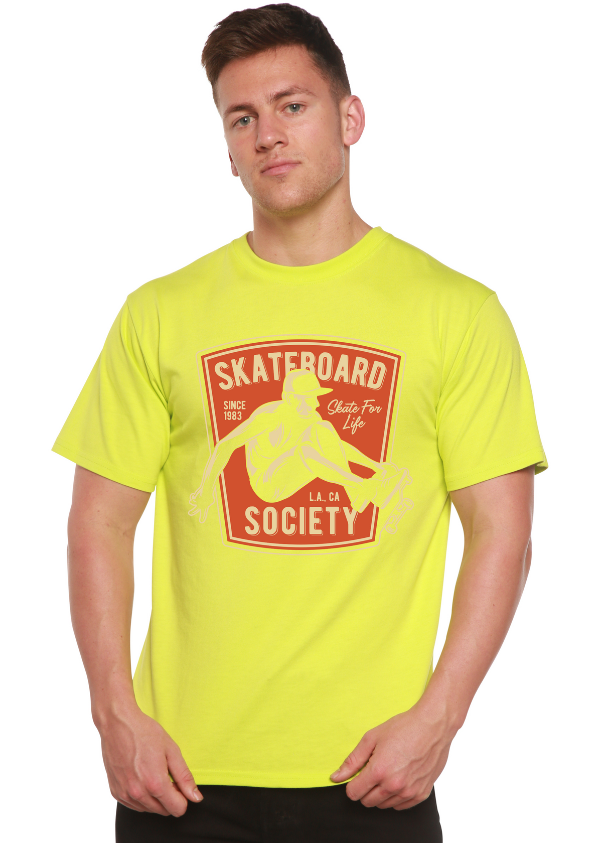 Neon lime men's graphic T-shirt with skateboard society print; bamboo viscose/organic cotton on Tampa Home & Garden Store
