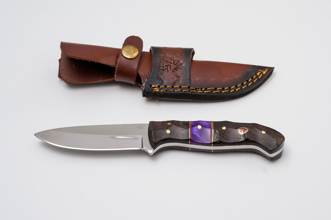 Hand-forged satin hunter knife with Titan K purple pearl resin handle, mosaic pin, sheath on Tampa Home & Garden Store