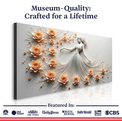 Modern Minimalist Woman Dance Wall Art canvas with peach roses and flowing gown on Tampa Home & Garden Store