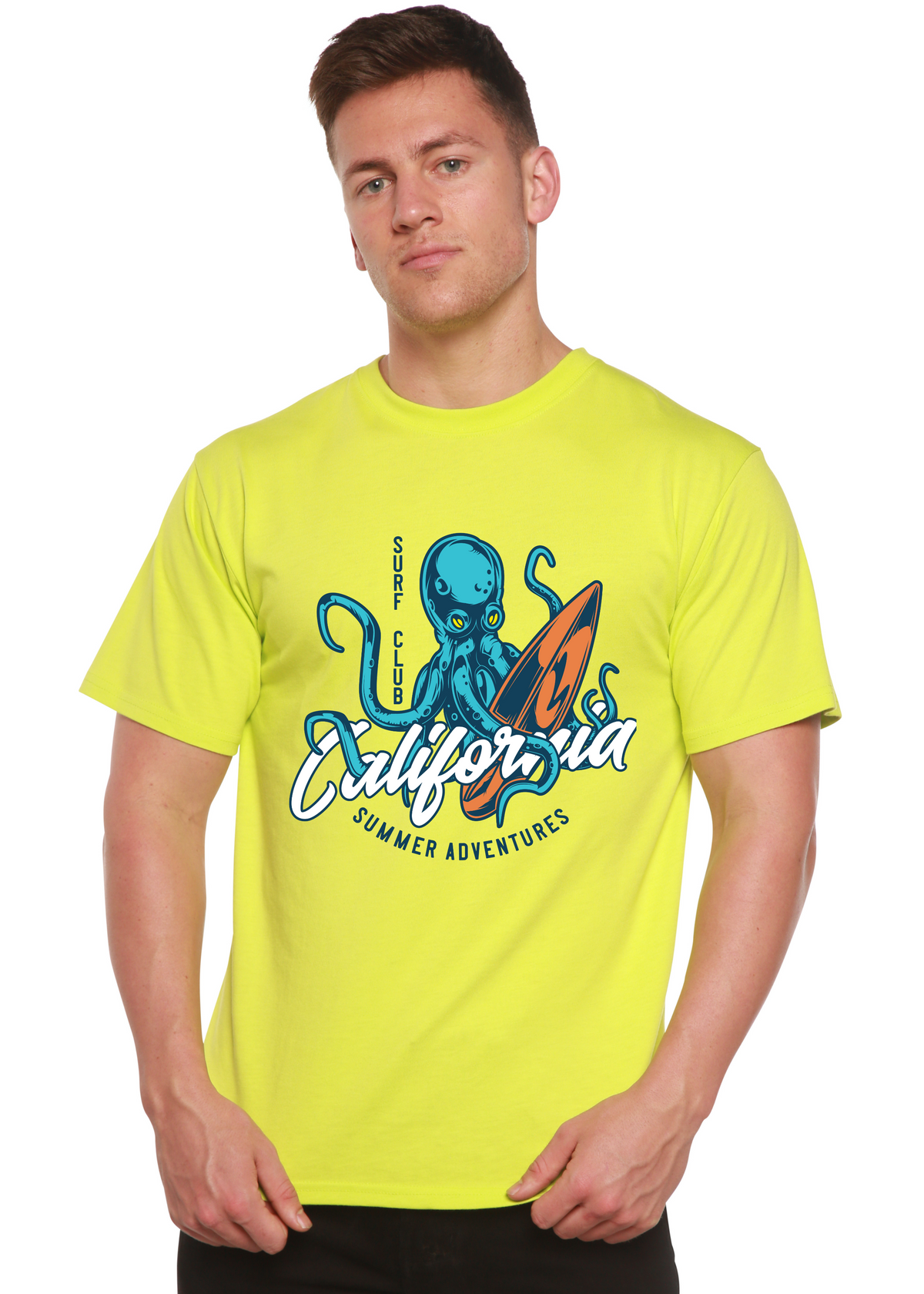 California Summer Adventures men's neon lime T-shirt with blue octopus surf art by Spun Bamboo on Tampa Home & Garden Store
