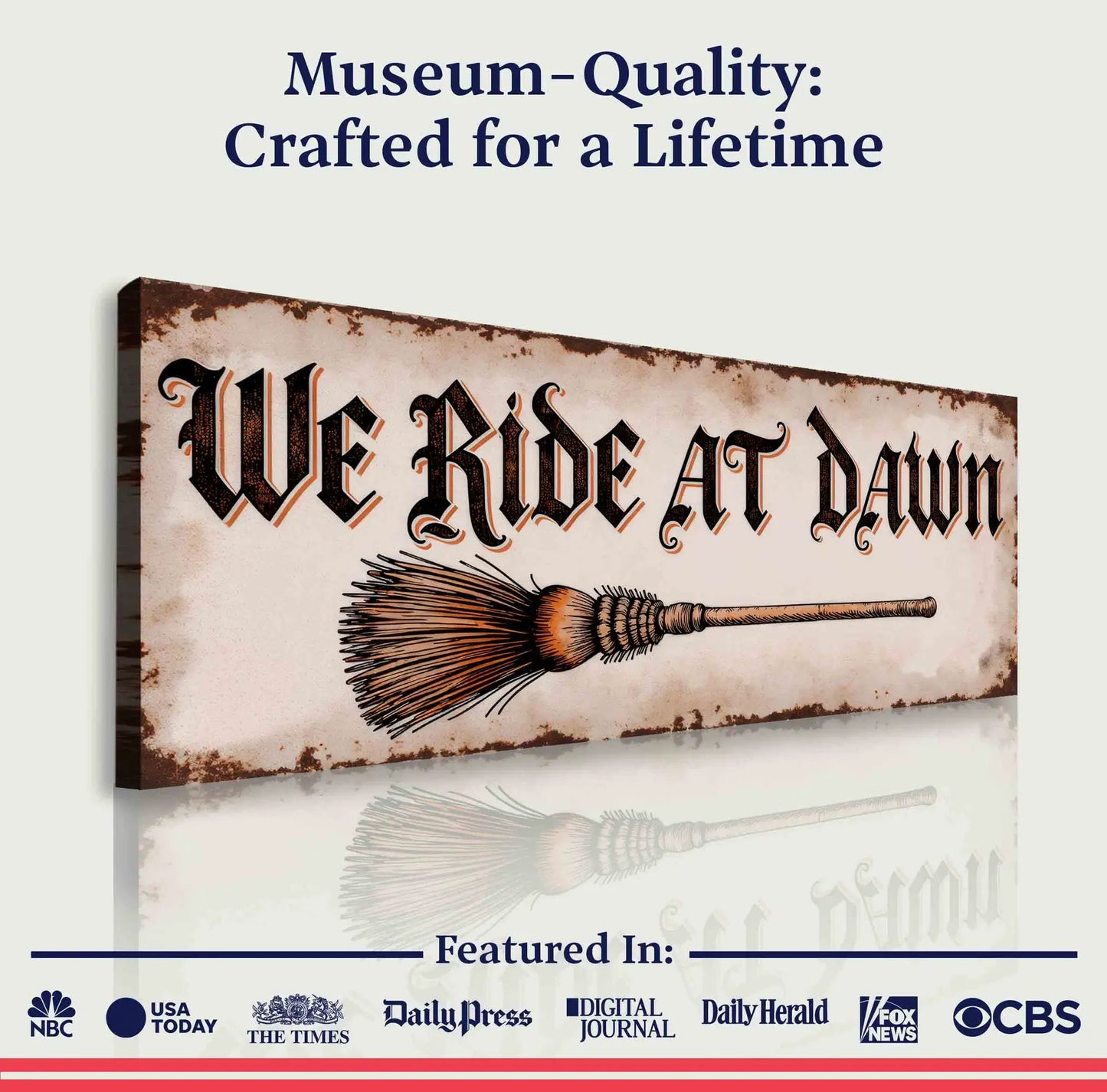 We Ride At Dawn Halloween Wall Sign canvas by Tailored Canvases with vintage parchment and broom on Tampa Home & Garden Store