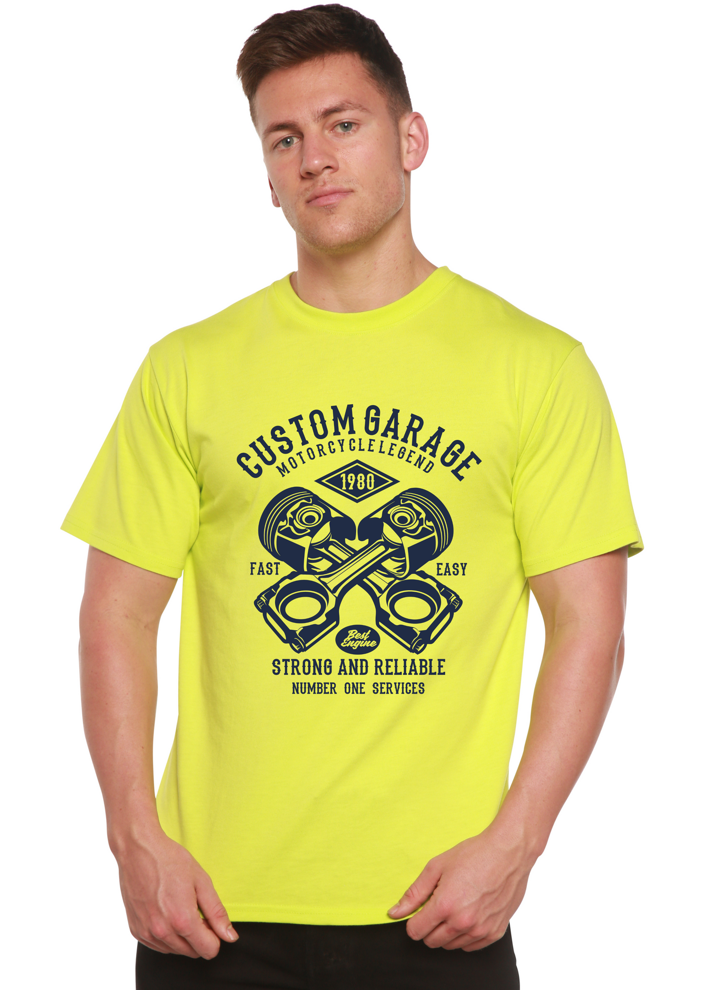 Custom Garage men's short sleeve graphic T-shirt Spun Bamboo neon lime with navy engine print on Tampa Home & Garden Store