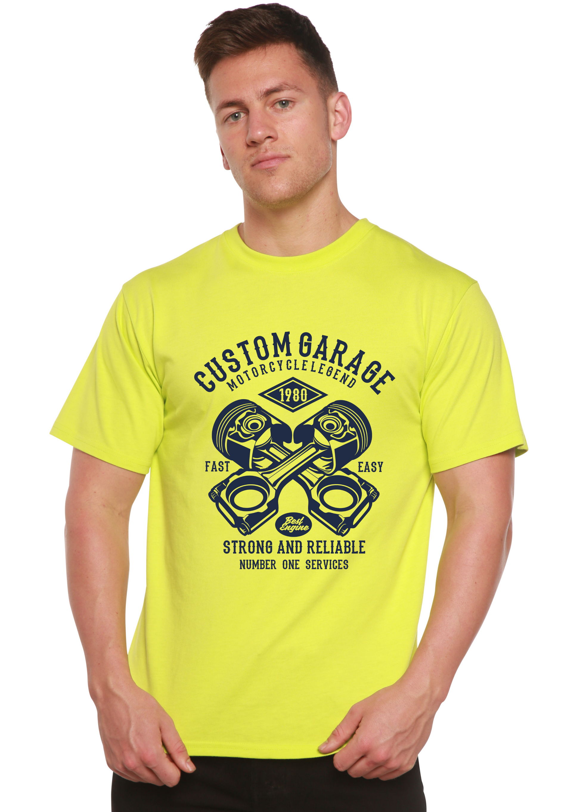 Custom Garage men's short sleeve graphic T-shirt Spun Bamboo neon lime with navy engine print on Tampa Home & Garden Store
