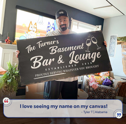 Basement Bar And Lounge Sign IV canvas with white script and wine glass motif Tailored Canvases on Tampa Home & Garden Store
