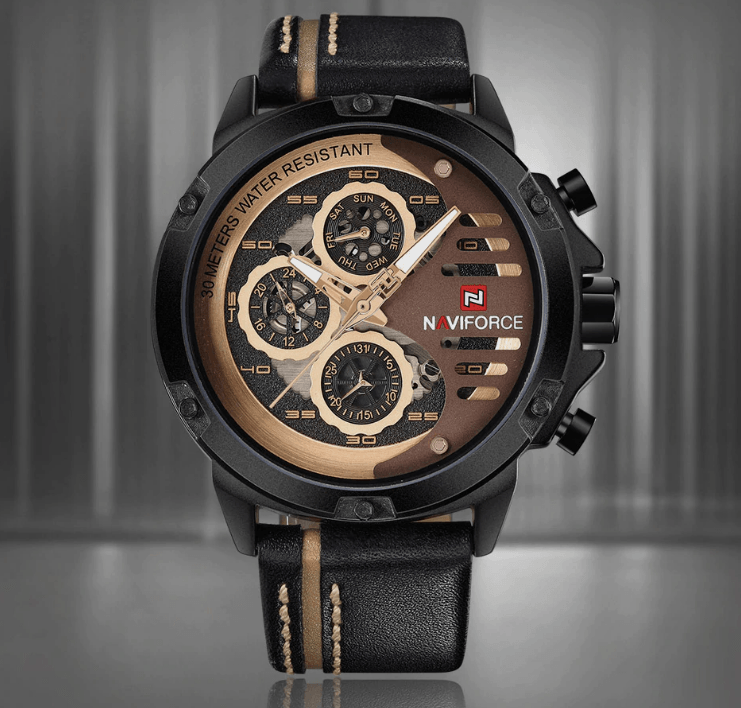 Men's sports waterproof chronograph watch with black case, bronze dial, stitched leather strap Naviforce on Tampa Home & Garden Store