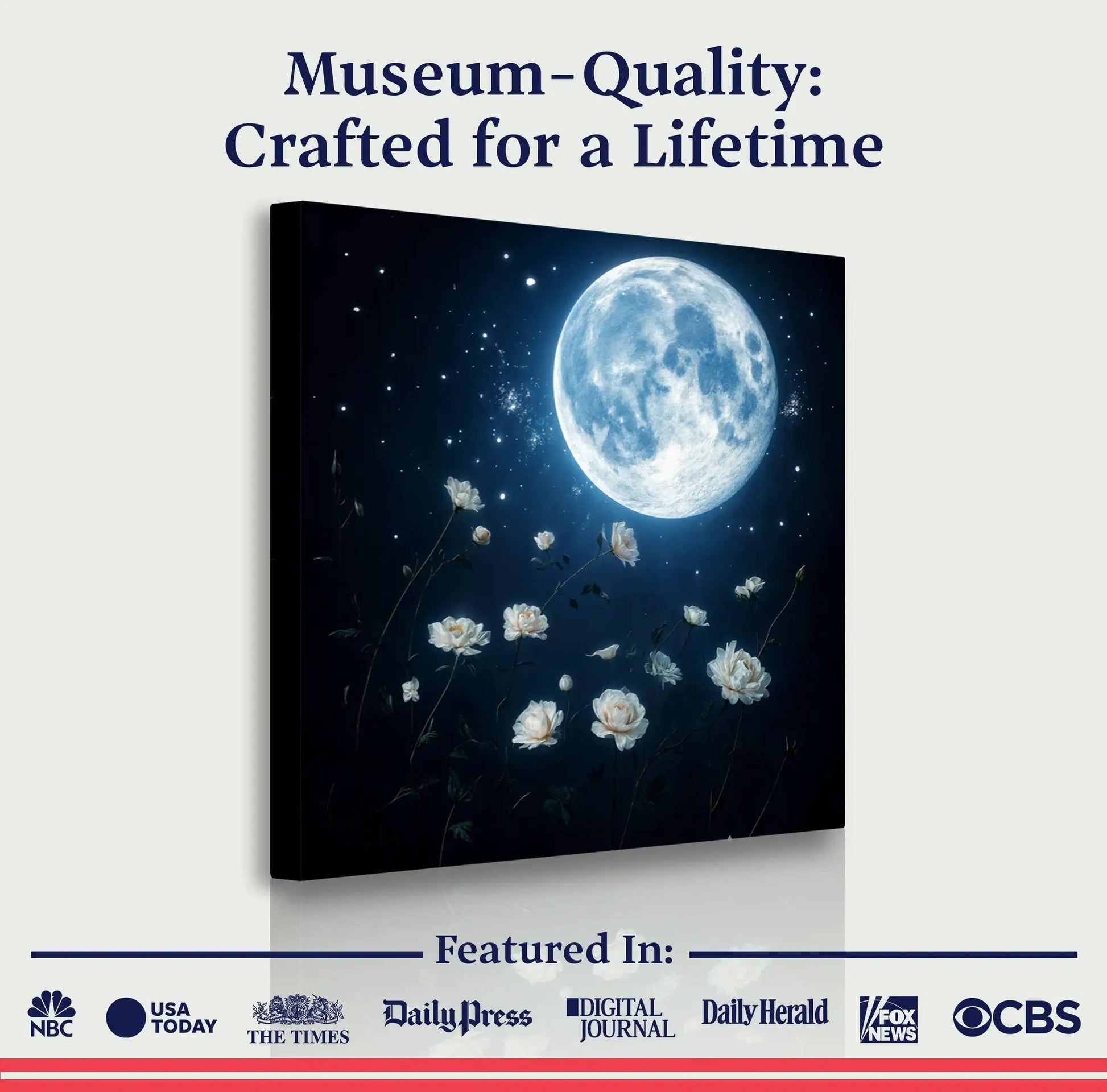 Lunar Canvas Wall Art by Tailored Canvases, blue night sky with moon and white flowers on Tampa Home & Garden Store