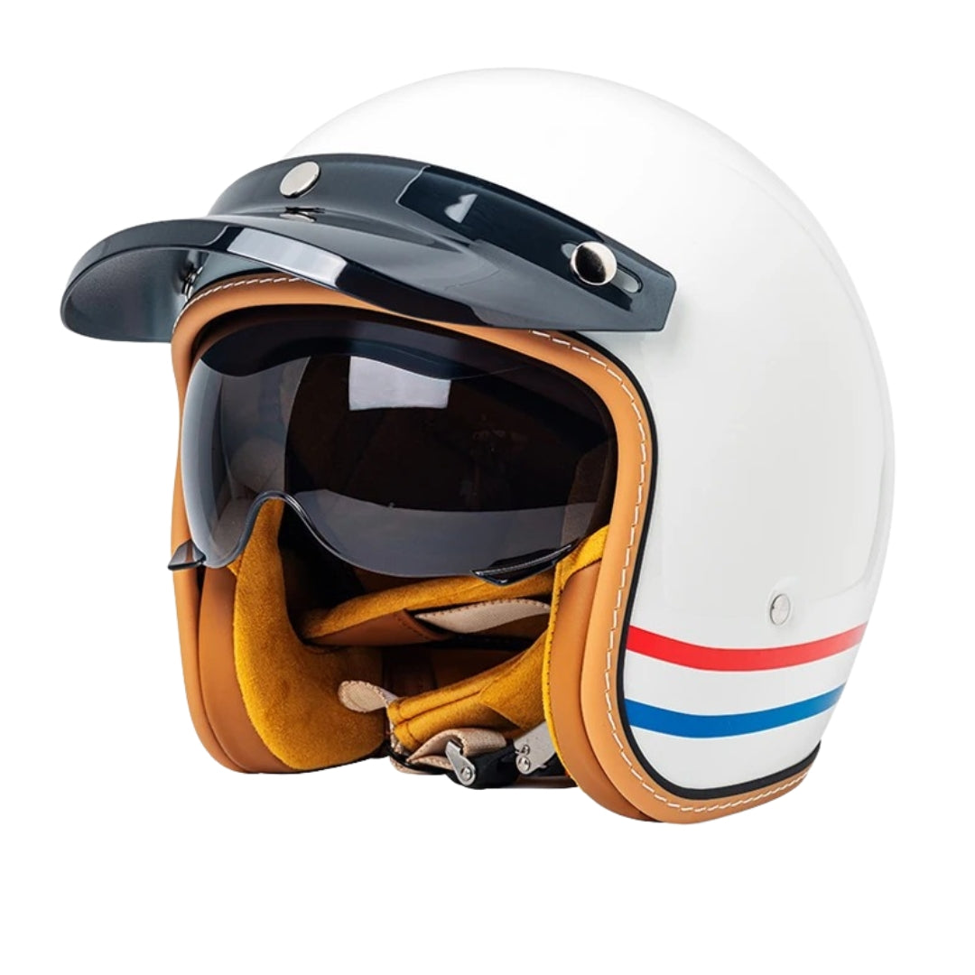 Open-face helmet Street King by BikerZoneZ with white shell, red stripe, tan trim, visor on Tampa Home & Garden Store