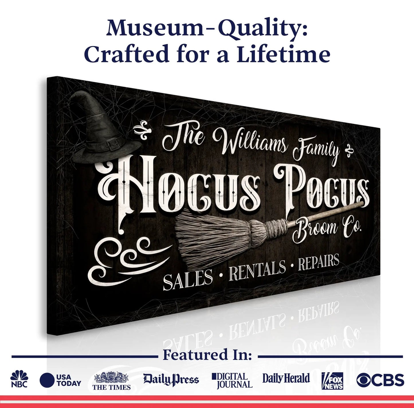 Personalized Hocus Pocus Broom Co Wall Sign canvas by Tailored Canvases with broom motif on Tampa Home & Garden Store