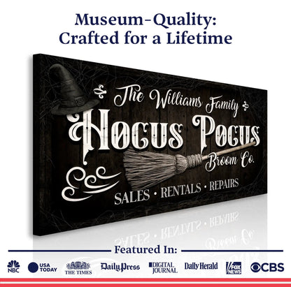 Personalized Hocus Pocus Broom Co Wall Sign canvas by Tailored Canvases with broom motif on Tampa Home & Garden Store