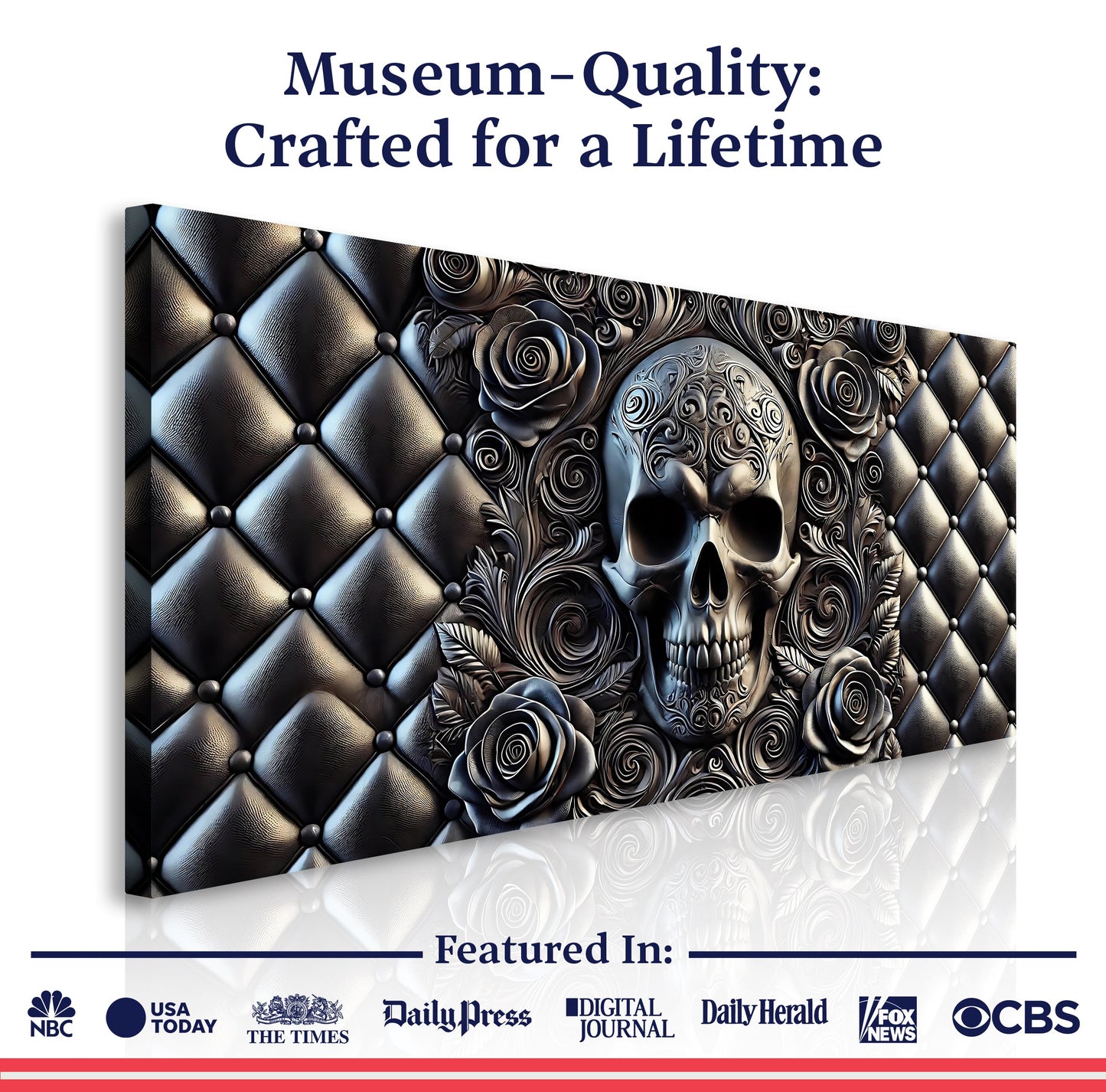 3D Rose and Skull Wall Art IV canvas by Tailored Canvases with a metallic quilted background on Tampa Home & Garden Store