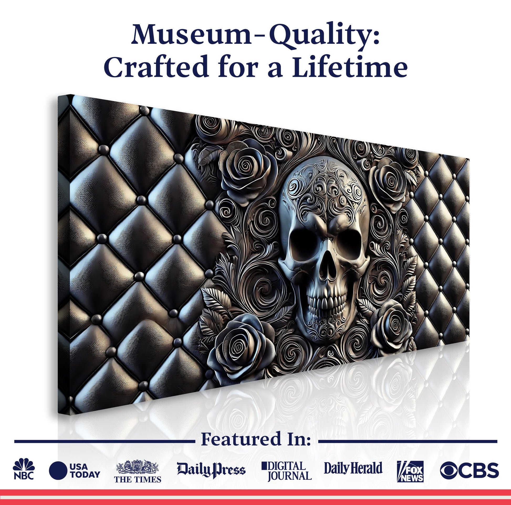 3D Rose and Skull Wall Art IV canvas by Tailored Canvases with a metallic quilted background on Tampa Home & Garden Store