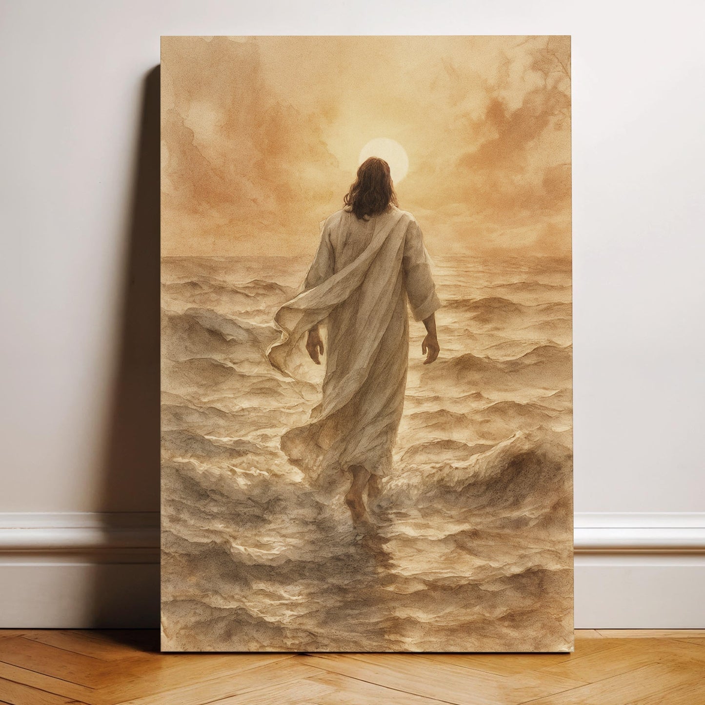 Jesus Christ Walking On Water Faith Wall Art VI canvas by Tailored Canvases, sepia-toned on Tampa Home & Garden Store
