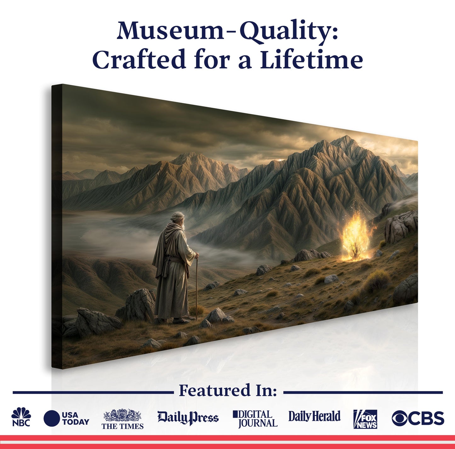 Burning Bush Faith Wall Art canvas by Tailored Canvases; cloaked traveler amid rugged mountains on Tampa Home & Garden Store