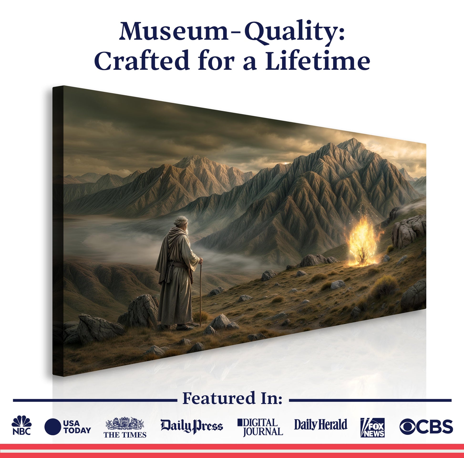 Burning Bush Faith Wall Art canvas by Tailored Canvases; cloaked traveler amid rugged mountains on Tampa Home & Garden Store
