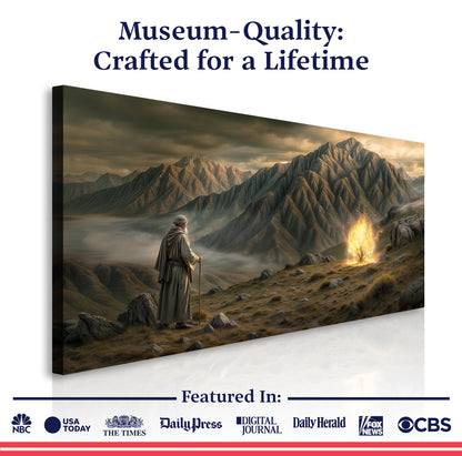 Burning Bush Faith Wall Art canvas by Tailored Canvases; cloaked traveler amid rugged mountains on Tampa Home & Garden Store