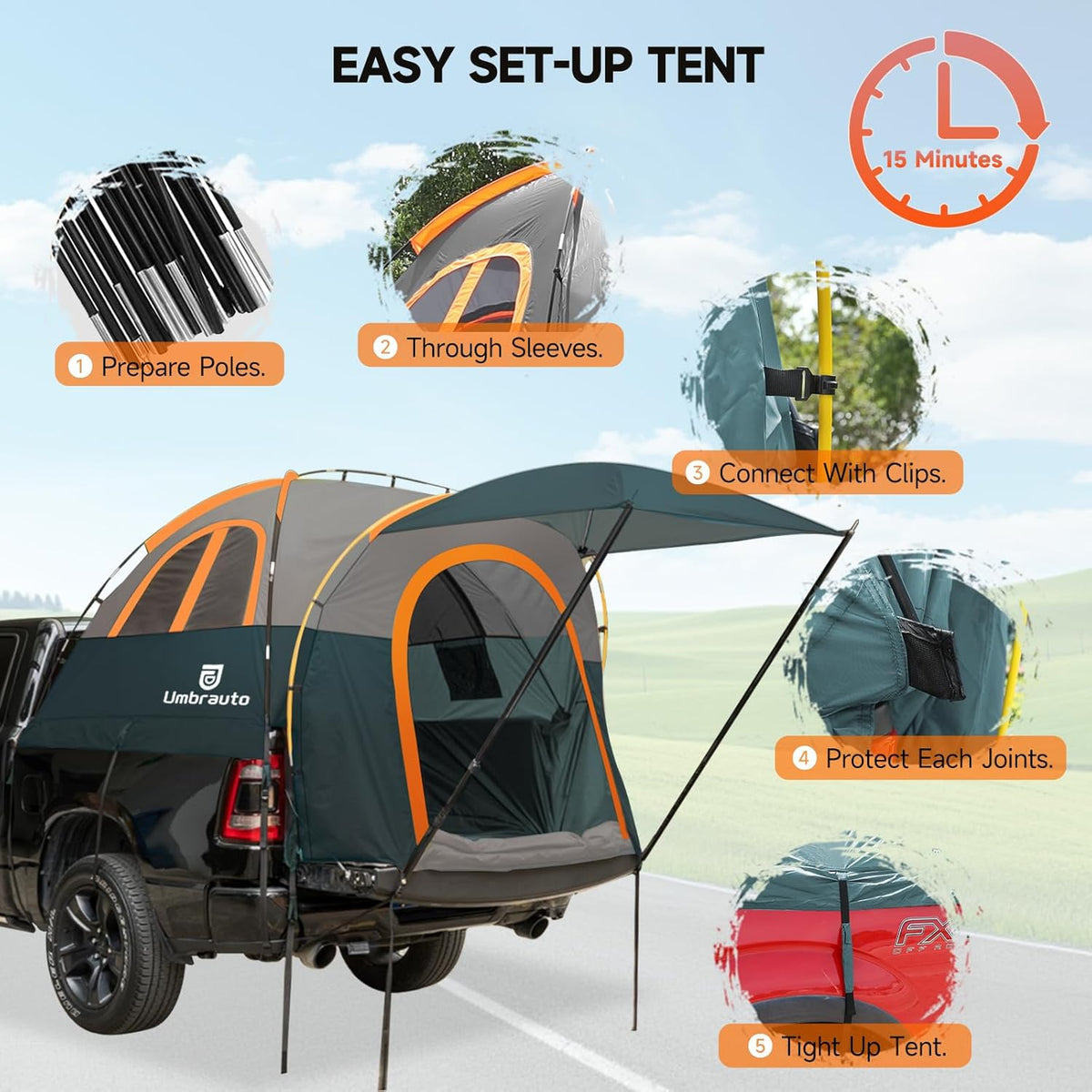 Umbrauto Truck Bed Tent with Awning for 5.5-5.8 ft beds, grey/orange PU3000mm Waterproof on Tampa Home & Garden Store