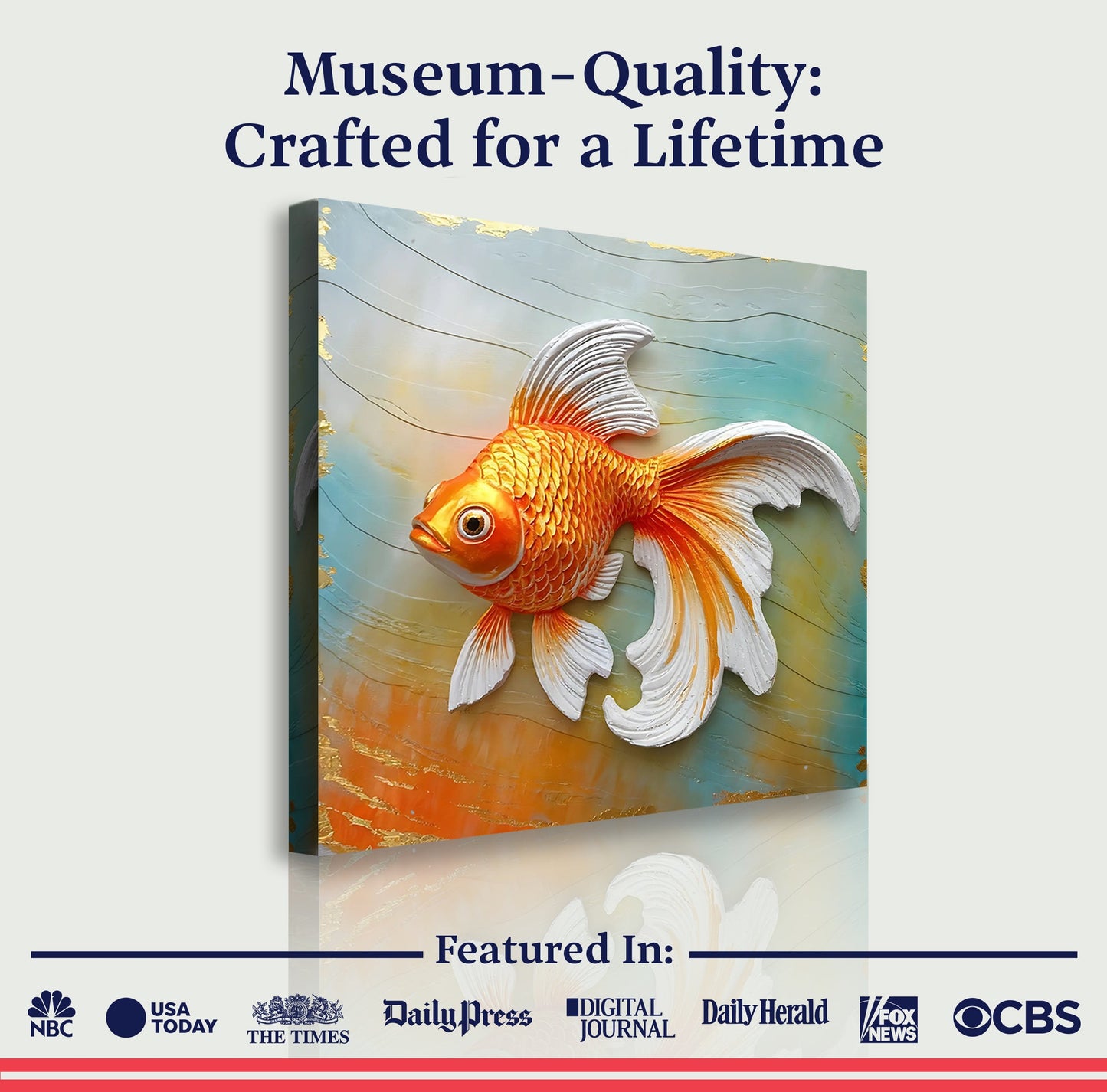 3D Goldfish Wall Art canvas by Tailored Canvases; vivid orange fish against teal water with gold accents on Tampa Home & Garden Store