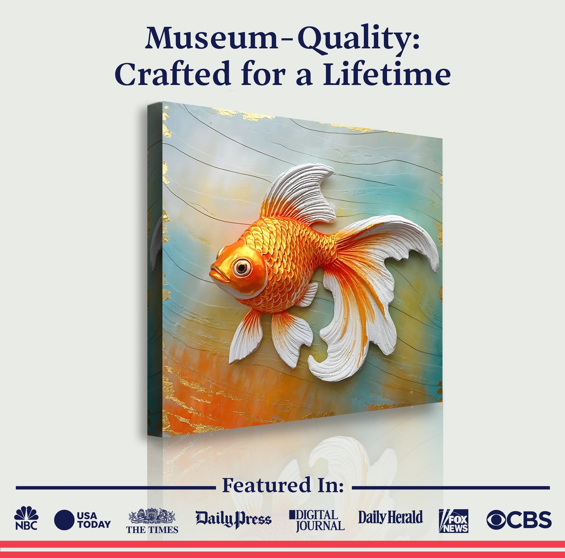 3D Goldfish Wall Art canvas by Tailored Canvases; vivid orange fish against teal water with gold accents on Tampa Home & Garden Store