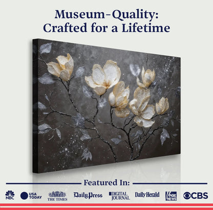 Midnight Magnolias Canvas Wall Art by Tailored Canvases, dark charcoal background with yellow magnolia blooms on Tampa Home & Garden Store