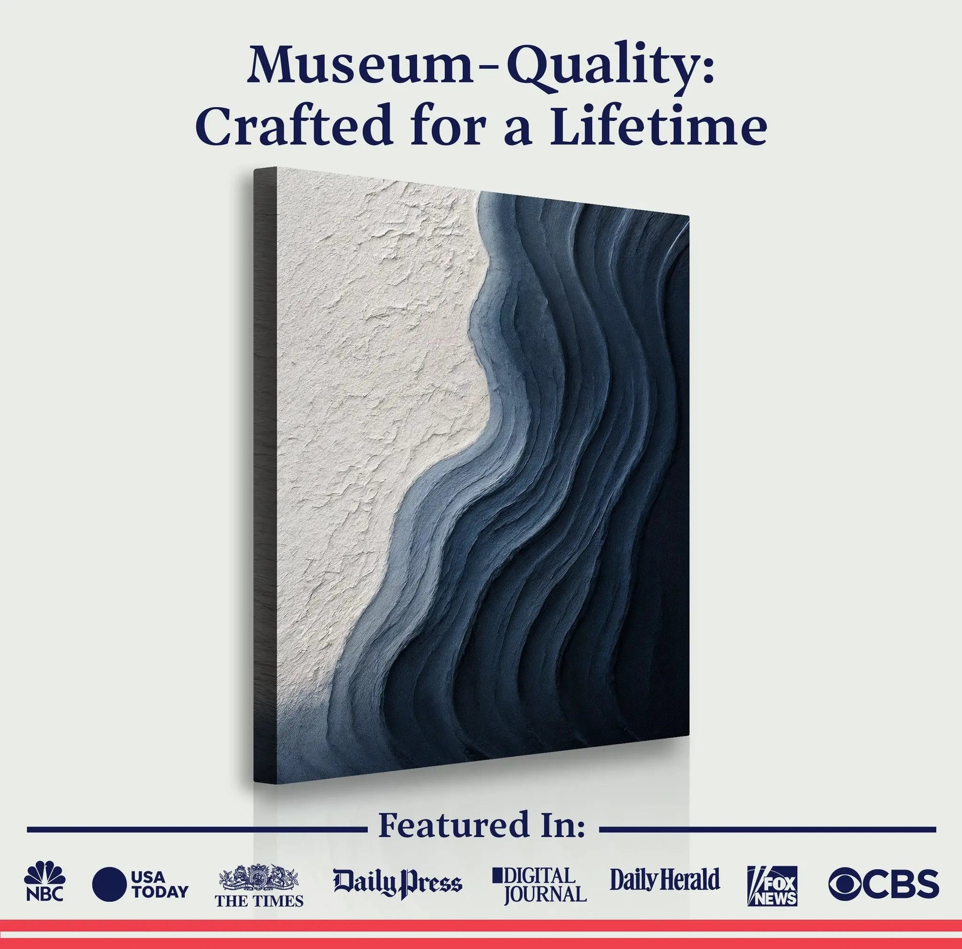 Abstract Minimalist Wave Impasto Canvas by Tailored Canvases in blue and ivory with textured impasto on crafting canvas on Tampa Home & Garden Store