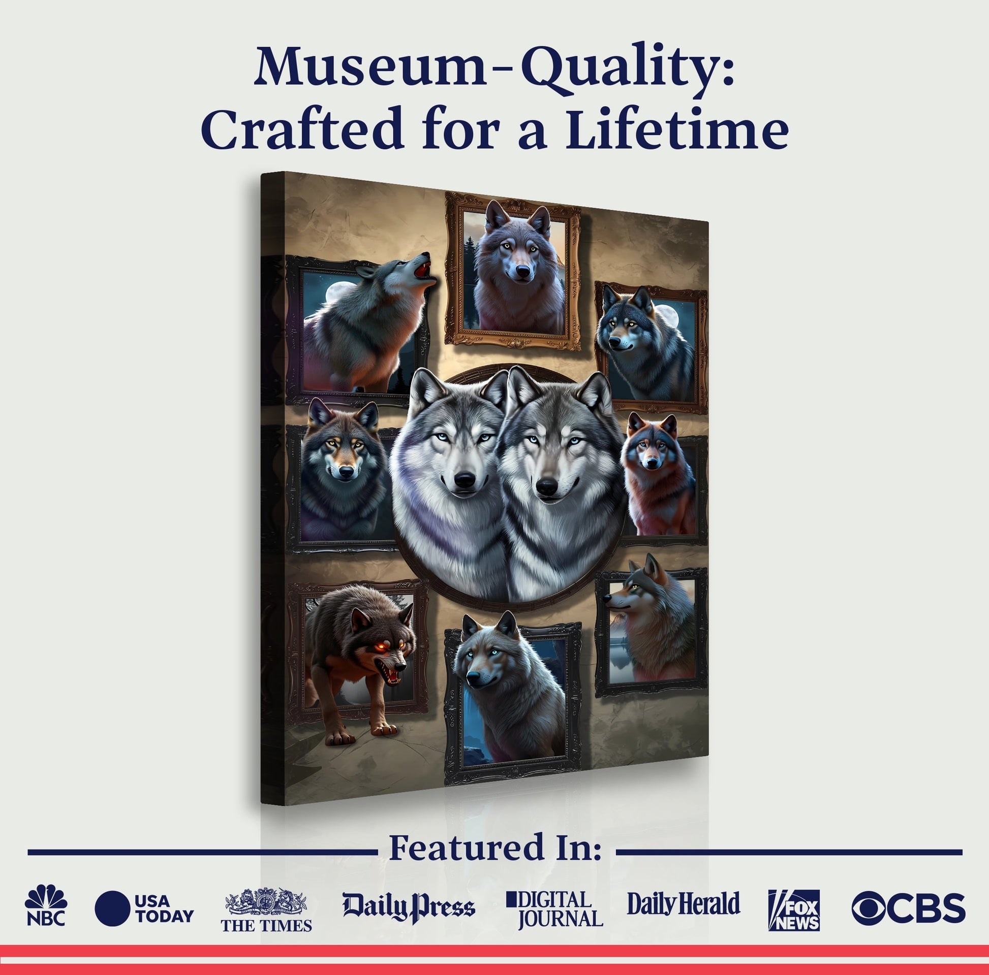 3D Wolf Collage Wall Art canvas with multiple wolves in ornate framed panels on Tampa Home & Garden Store